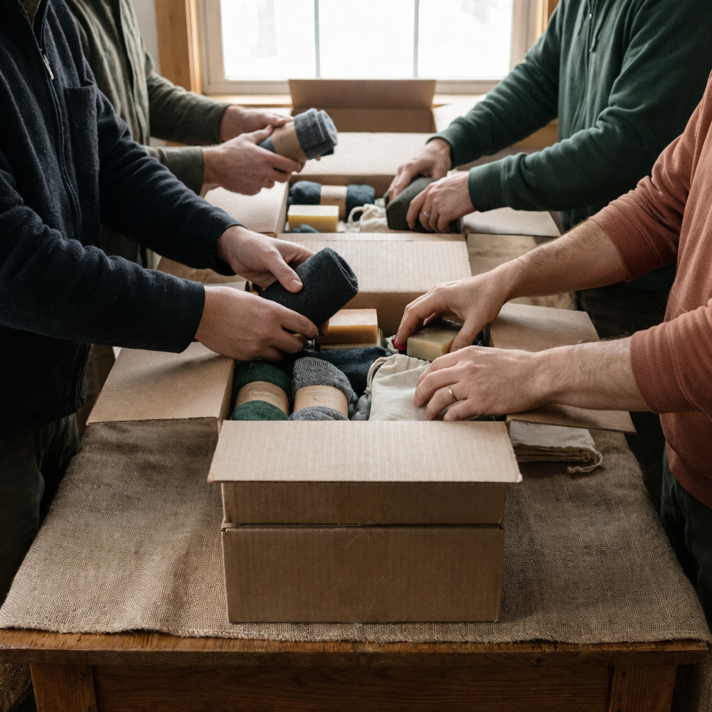 Volunteers preparing hygiene kits and essential supplies for distribution